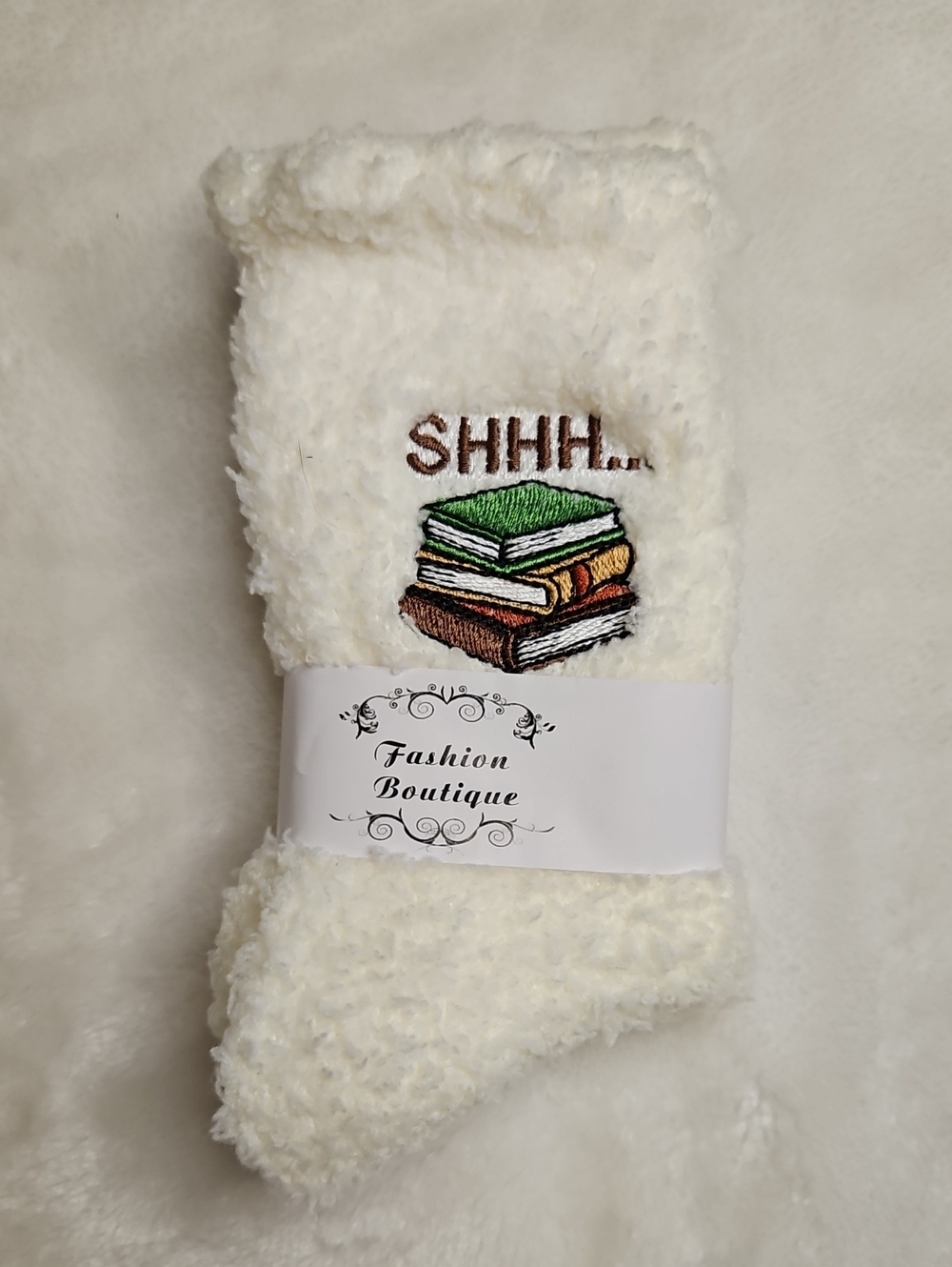 Cozy White 'Shhh...' Fuzzy Socks with Book Embroidery - Picture 1 of 2
